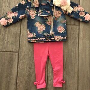 Floral Denim Jacket with Pink Leggings Set